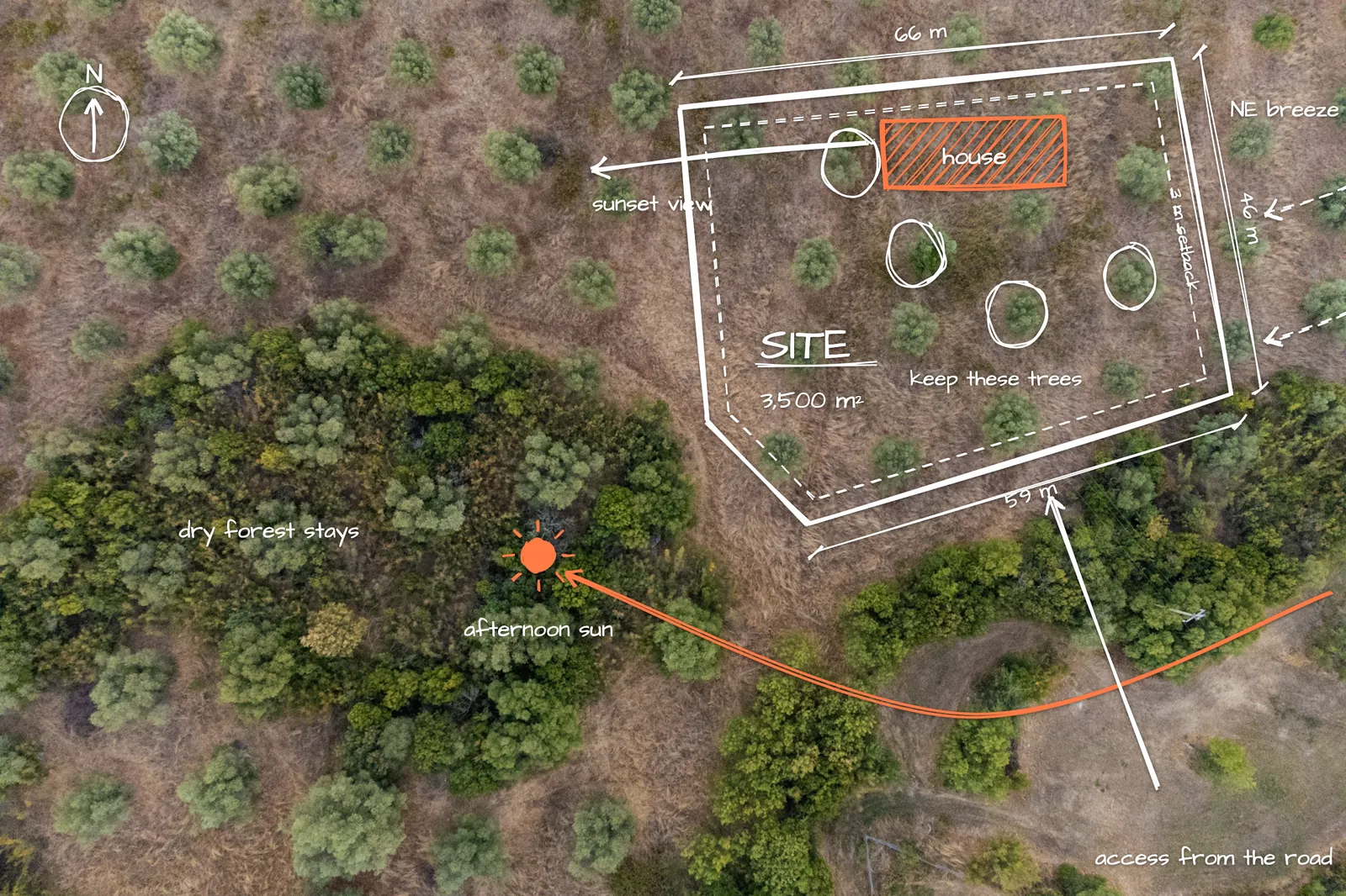 Drone photo of dry pasture and forest with a sketched five-sided site, setbacks, the house, the breeze, the afternoon sun and the trees to keep