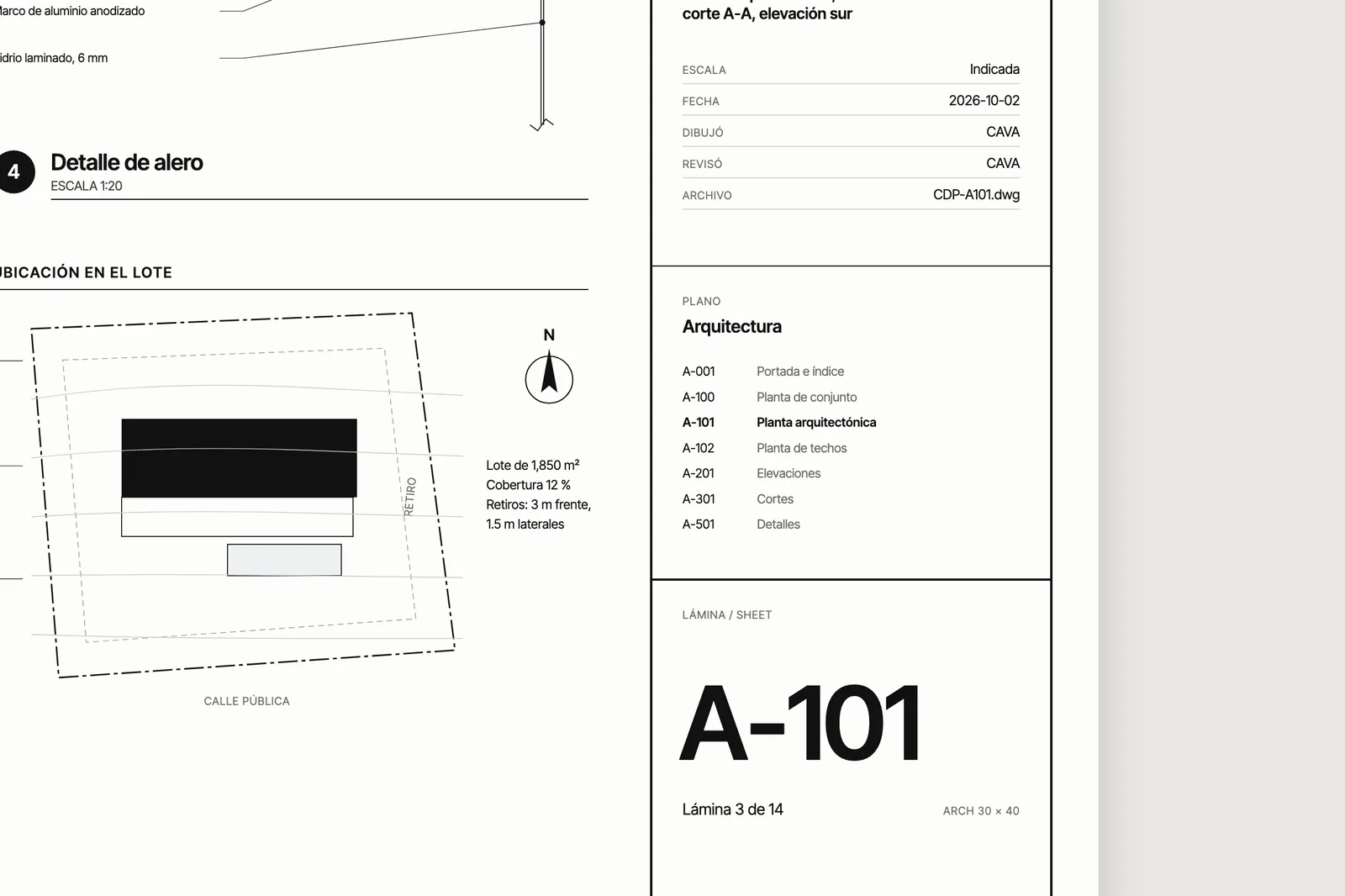 Close-up of the title block, the sheet index and the key plan of sheet A-101