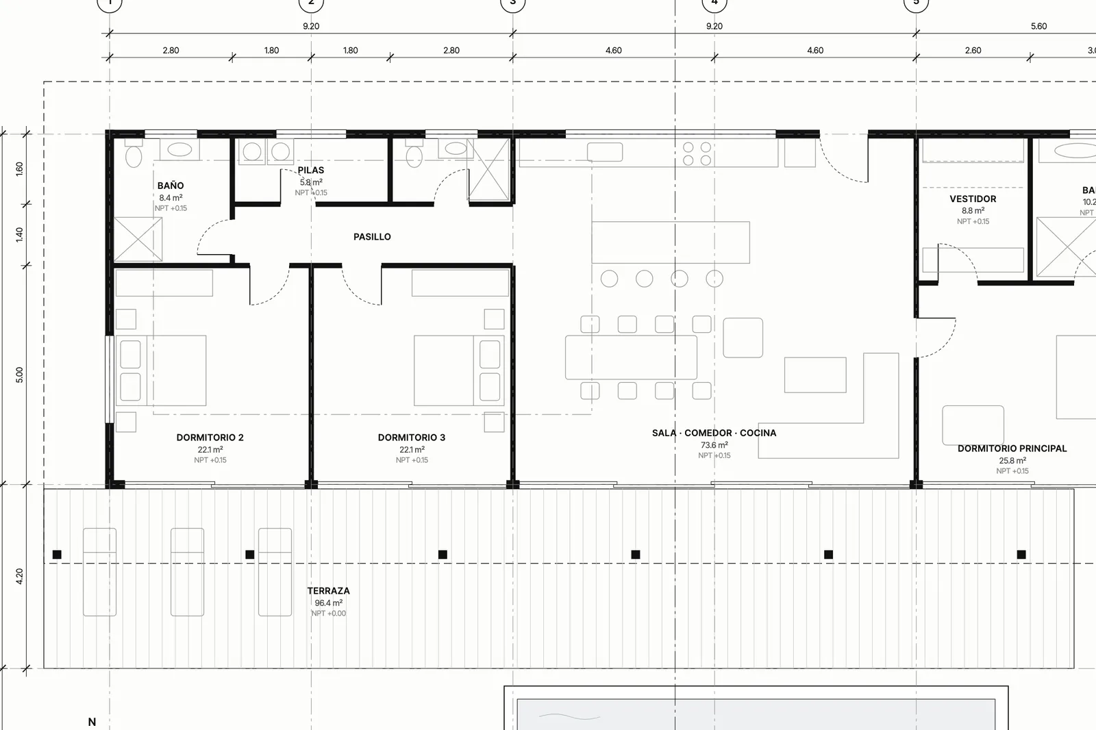 Close-up of the floor plan: walls, doors, grid lines, dimensions and floor levels