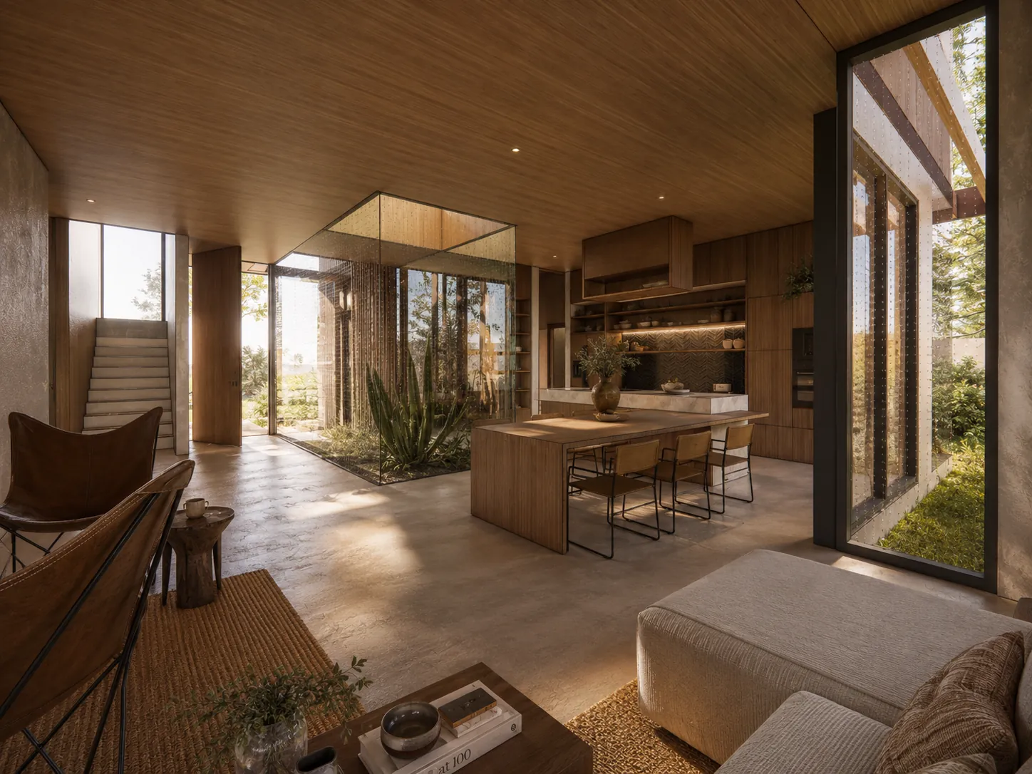 Double-height living room with a stair, a timber kitchen and courtyard light