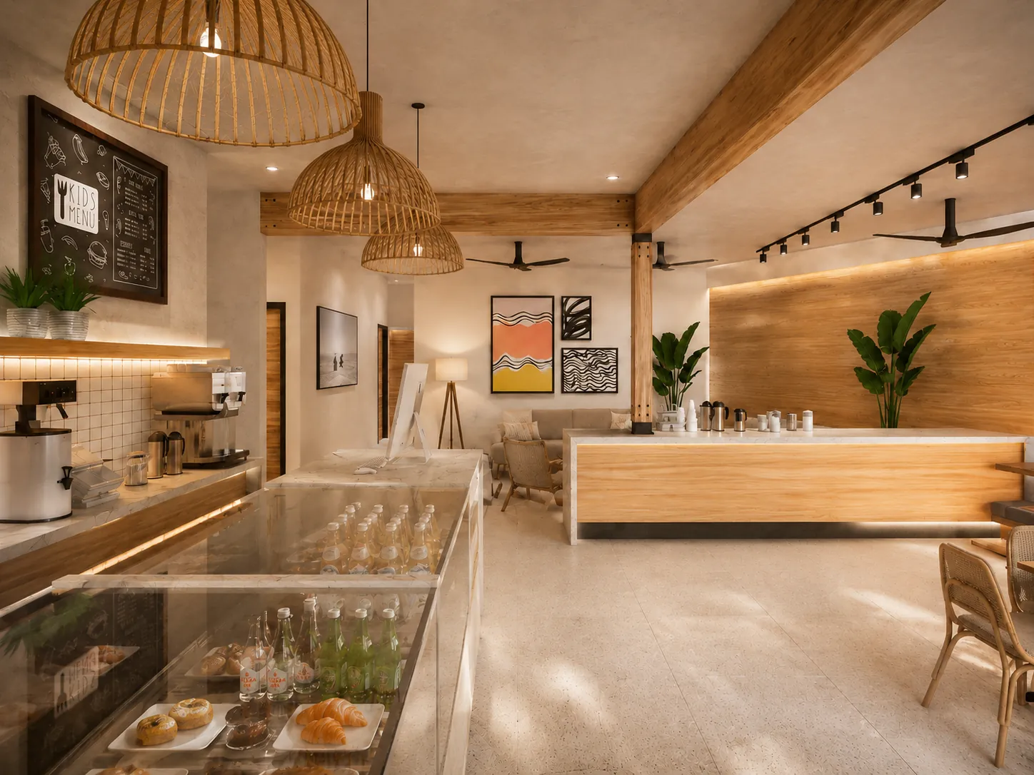 Café counter with a pastry case and rattan pendant lamps