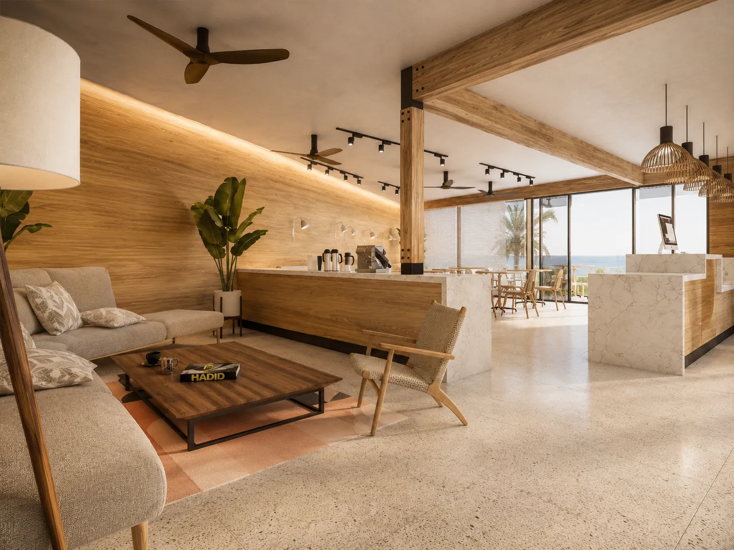 Café lounge with a timber wall, sofas and ceiling fans