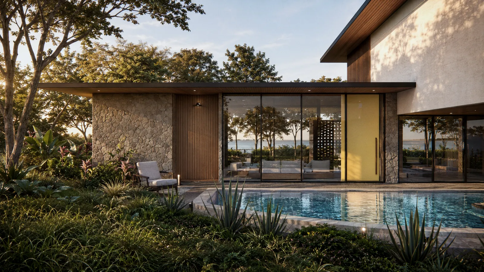 Stone and timber house around a pool in a tropical garden
