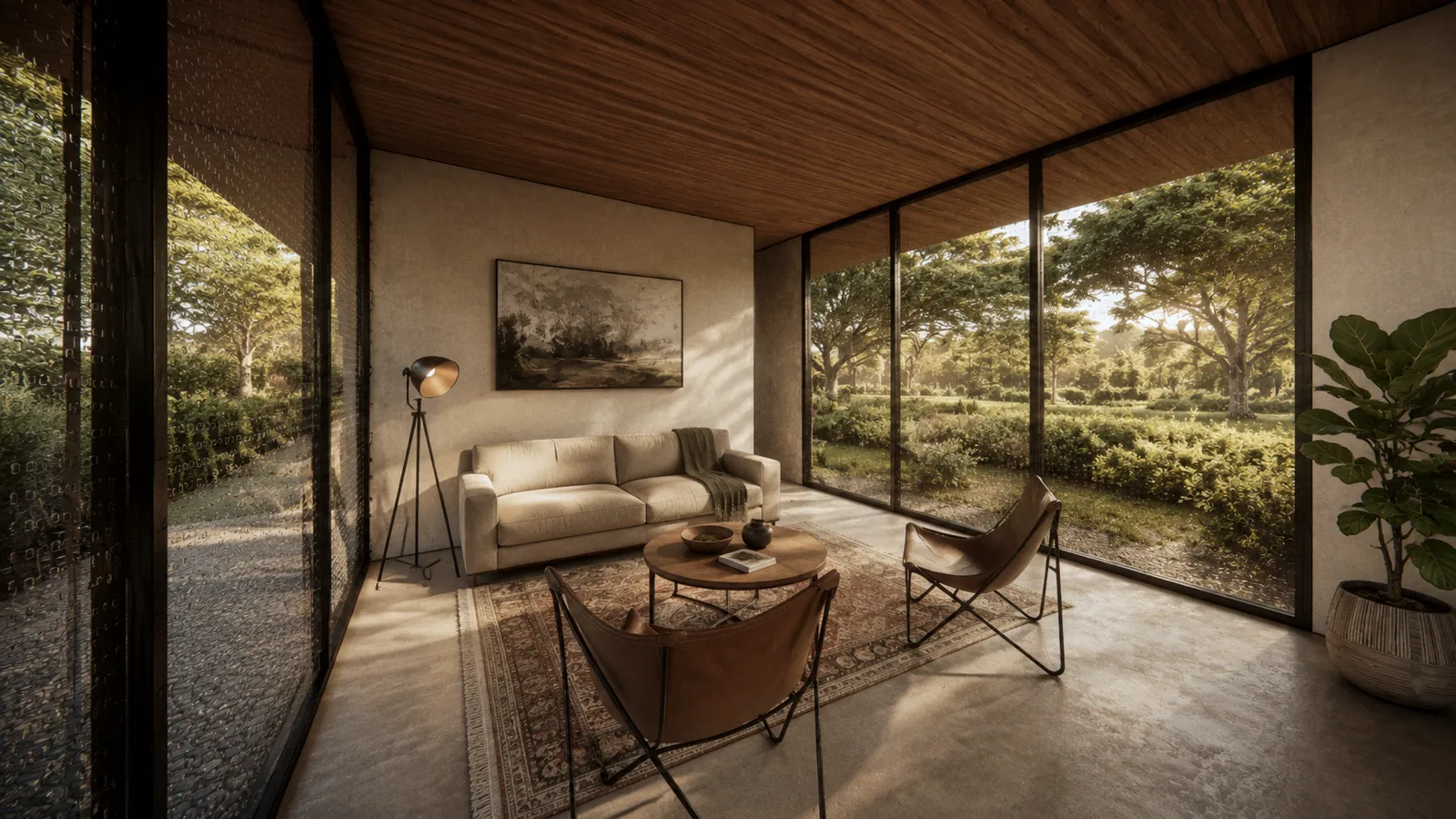 Living room with full-height glass opening to a garden