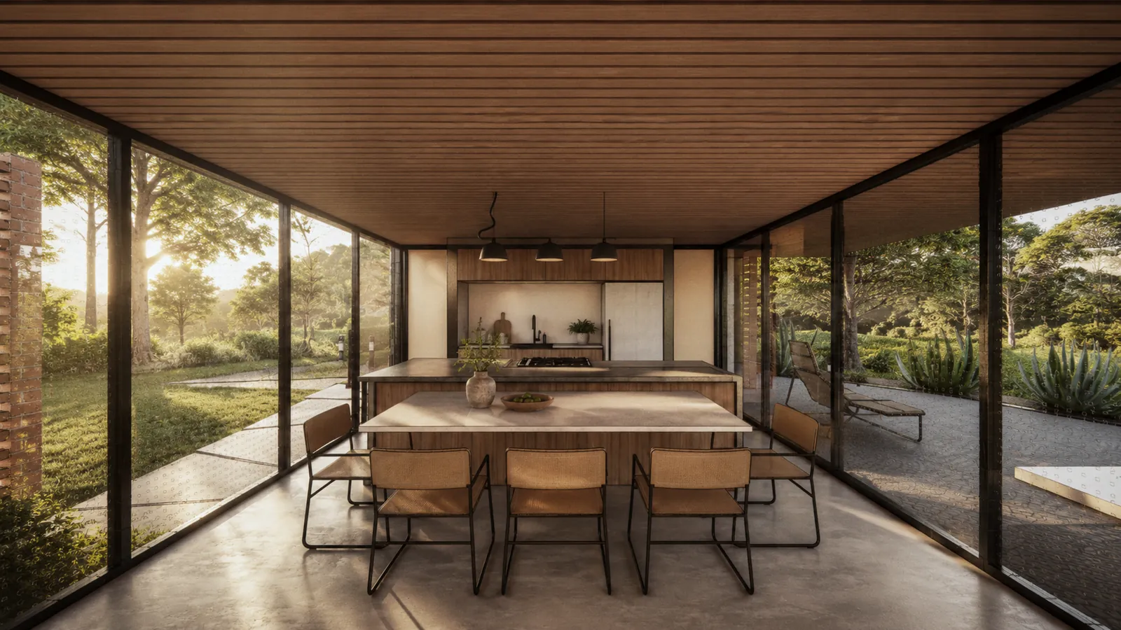 Dining room under a slatted timber ceiling with glass walls
