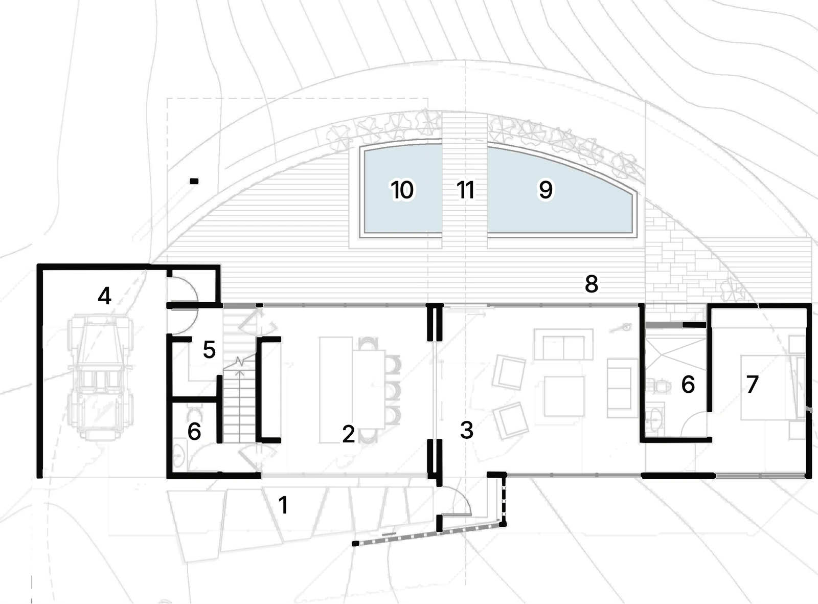 Ground floor plan, numbered: the garage, pantry and stair at one end, kitchen and dining, the living room, a guest bedroom, and the pool and catwalk on the garden side