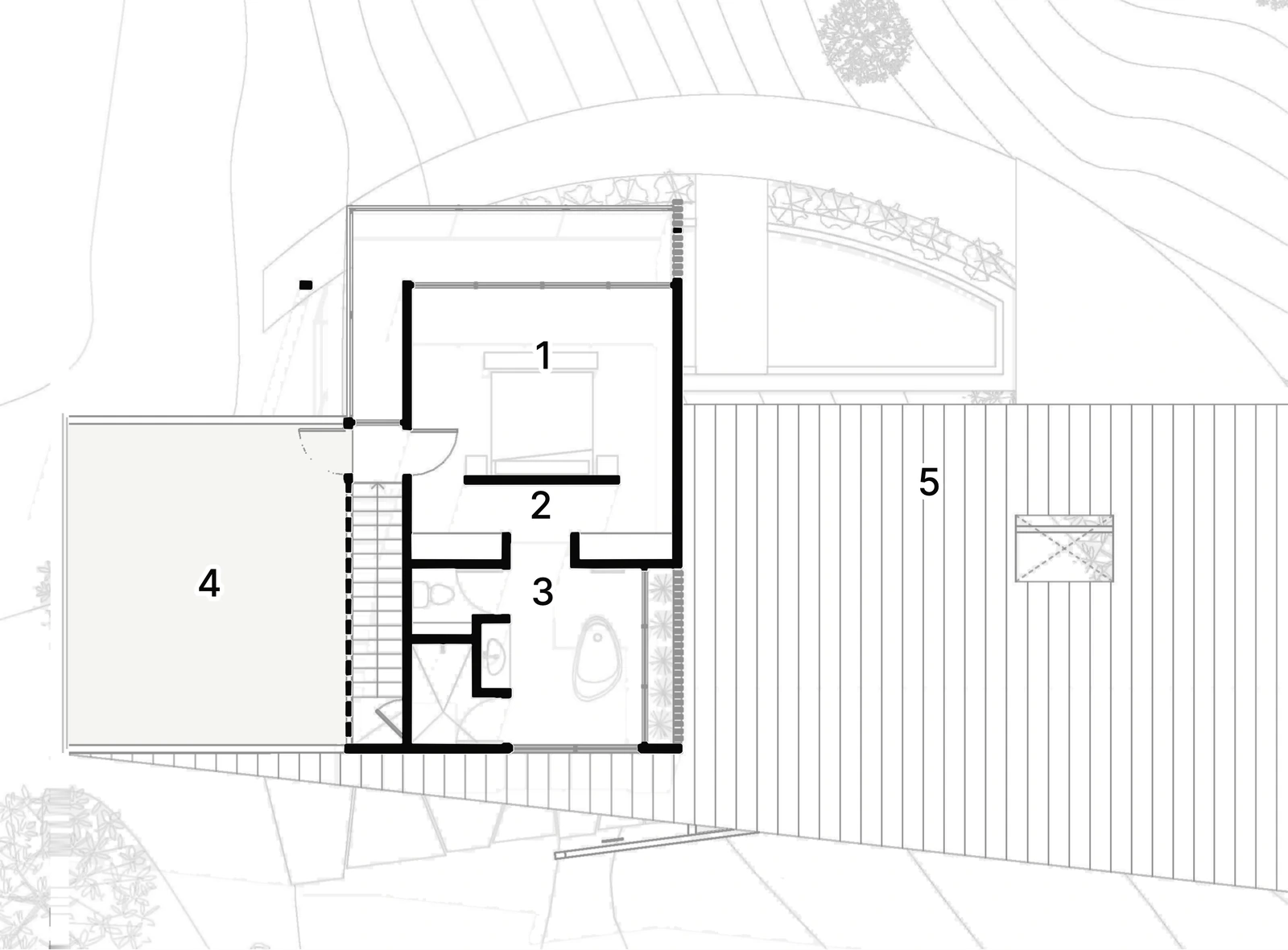 Upper floor plan, numbered: the main bedroom with its closet and bathroom, a green terrace beside it, and the roof over the living room