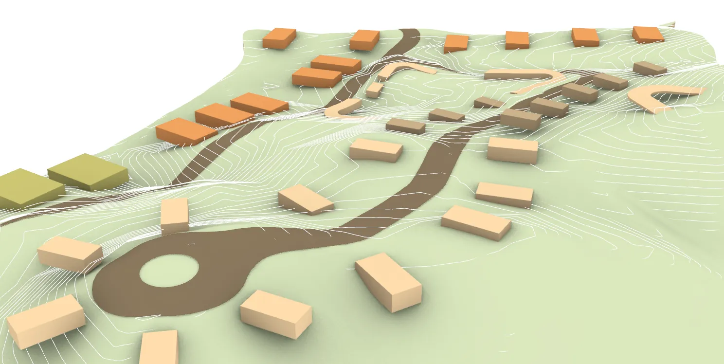 Massing model at eye level: houses around a turning circle at the end of the road, on contoured ground