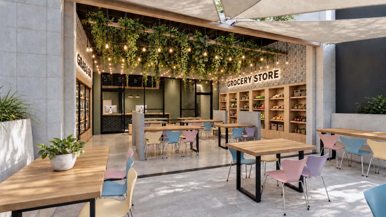 An open-air health bar under a sail shade: timber tables and pastel chairs, a canopy of hanging plants and string lights, and timber shelves of produce marked Grocery Store