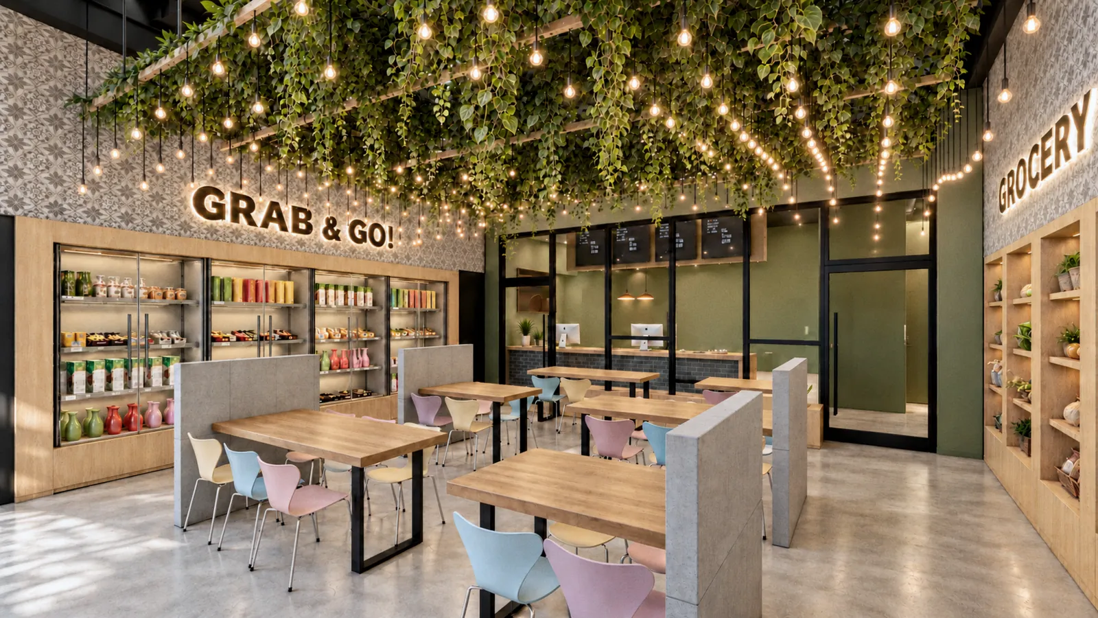 The Grab & Go wall of chilled drinks and meals in timber cases, with low concrete screens between the tables
