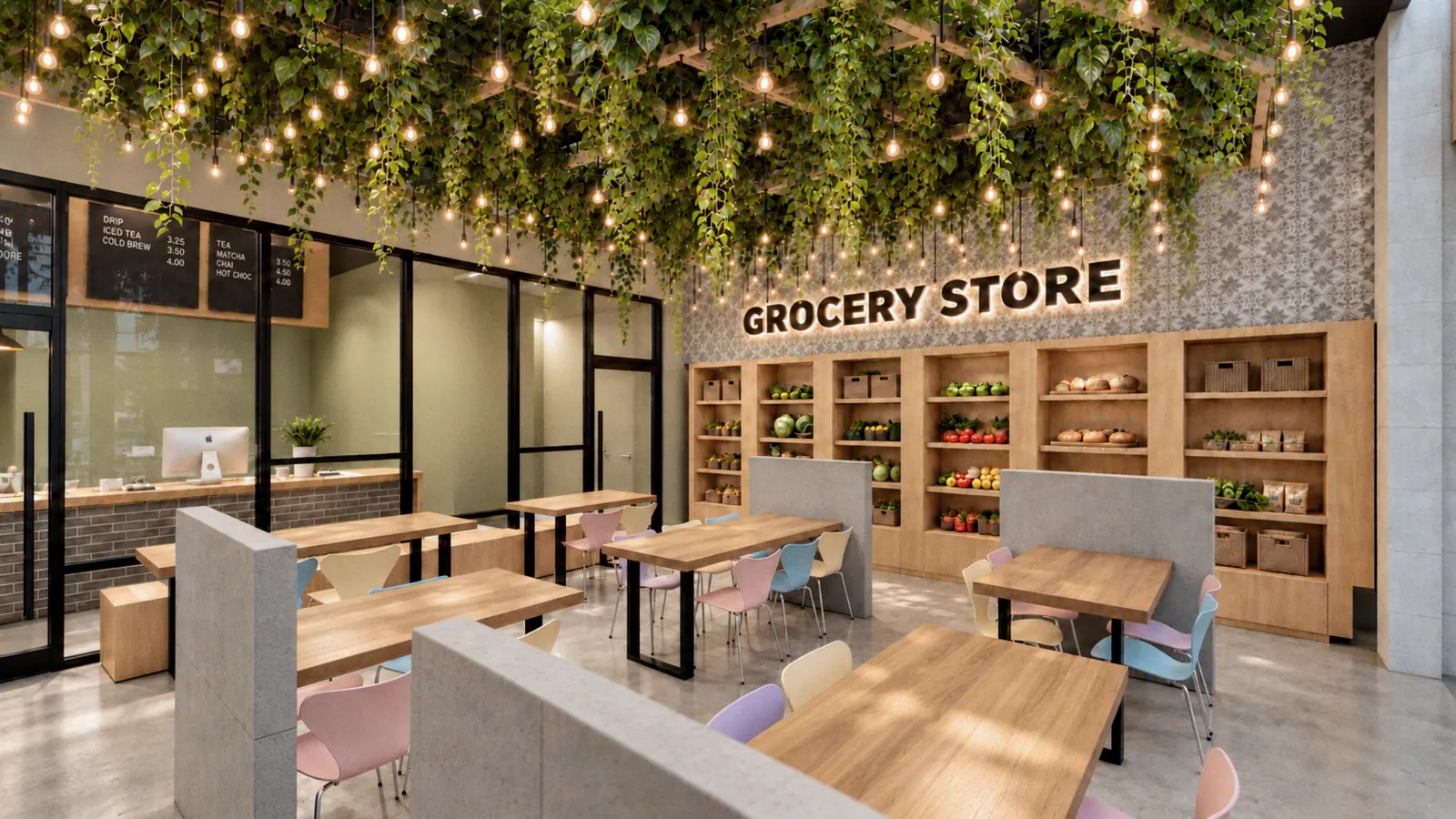 The order counter behind black steel glazing, beside timber shelves of fruit, vegetables and bread