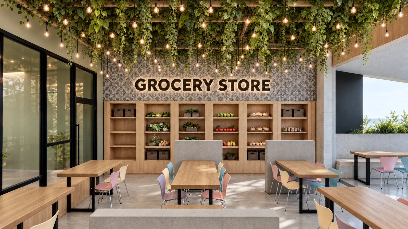 The grocery wall of timber shelves and baskets, with long tables in front and the terrace opening to the street
