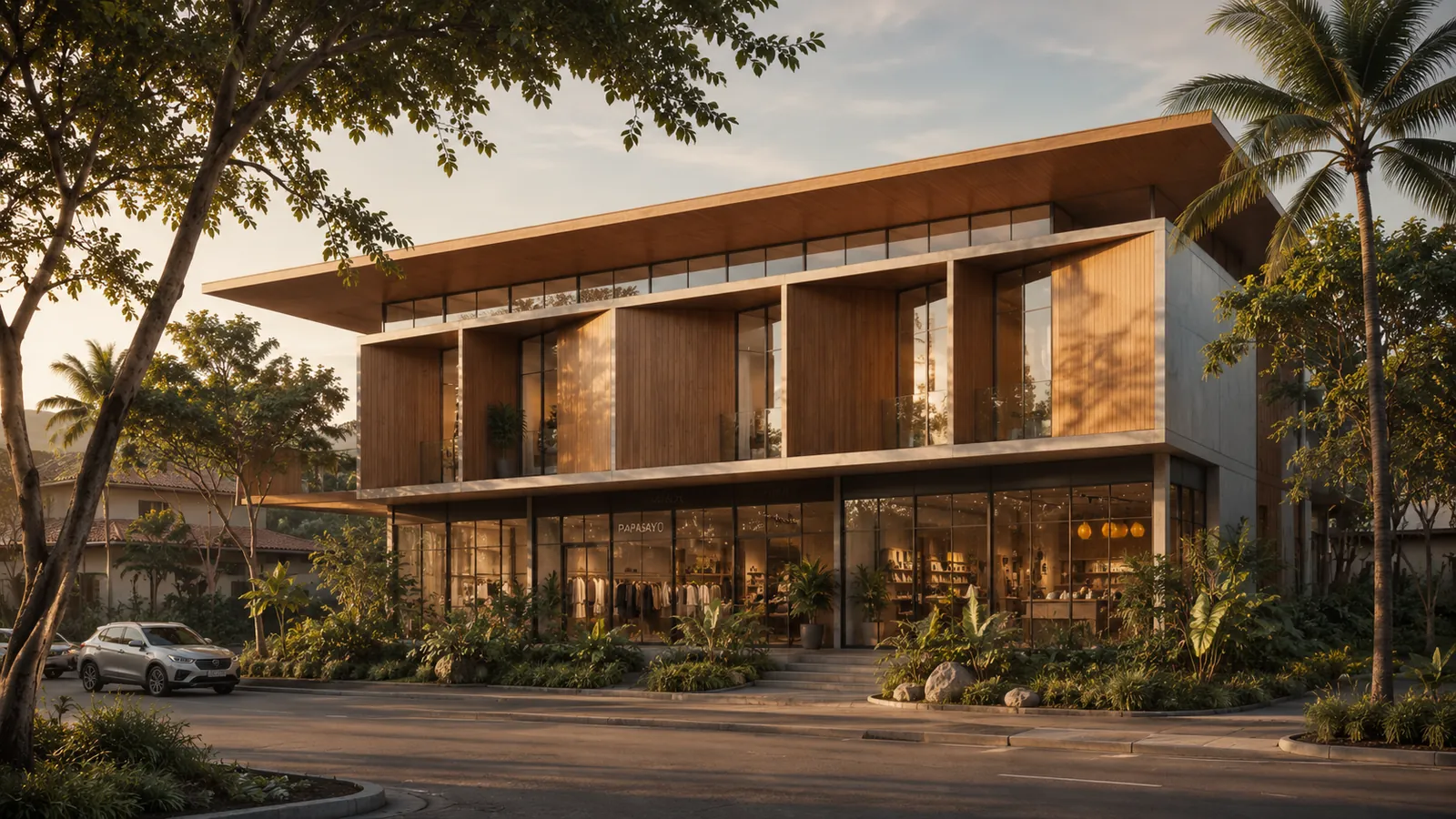 Edificio de dos pisos en madera y vidrio con los interiores encendidos al atardecer