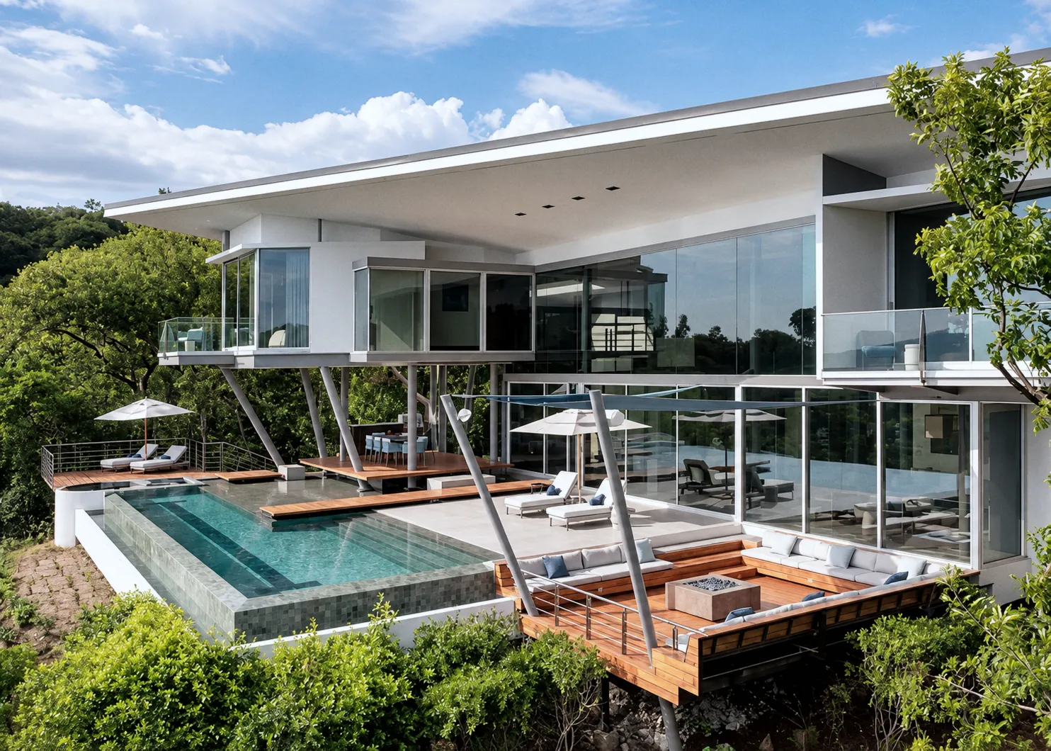 Two-storey white house cantilevered over an infinity pool and a timber deck on a forested hillside
