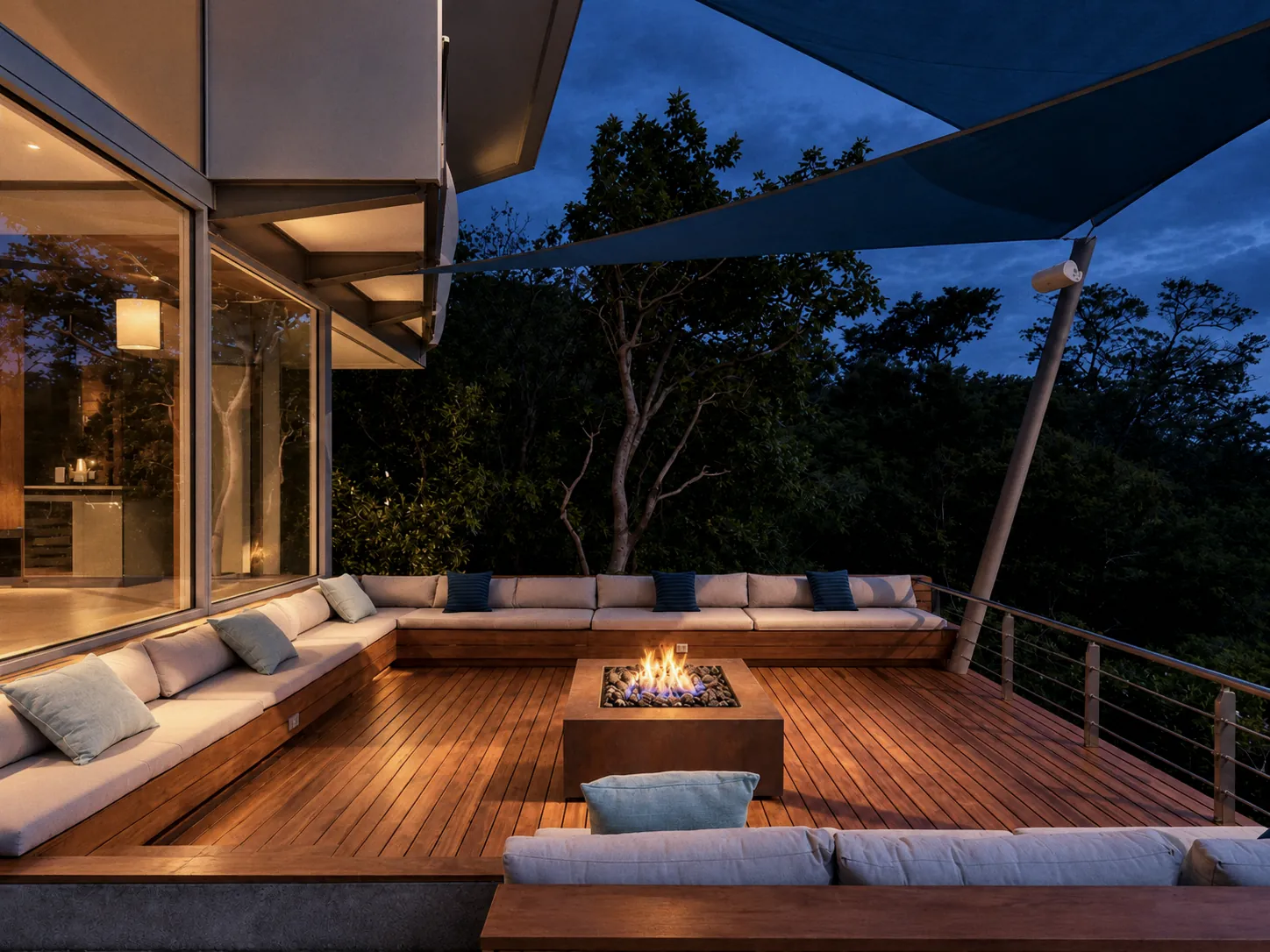 Sunken lounge at dusk with the fire pit lit, built-in sofas and the forest beyond