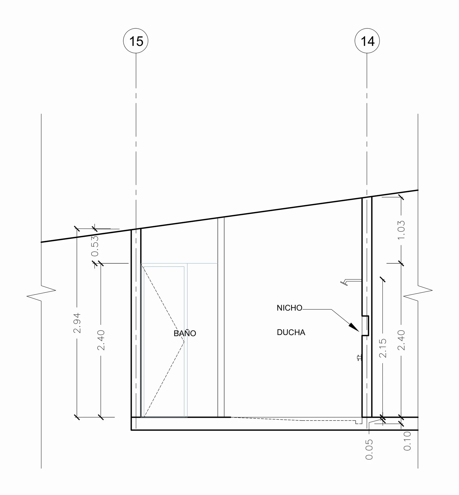 Interior elevation of the bathroom between axes 15 and 14: the shower and its niche under a sloping ceiling, 2.40 m at the low side