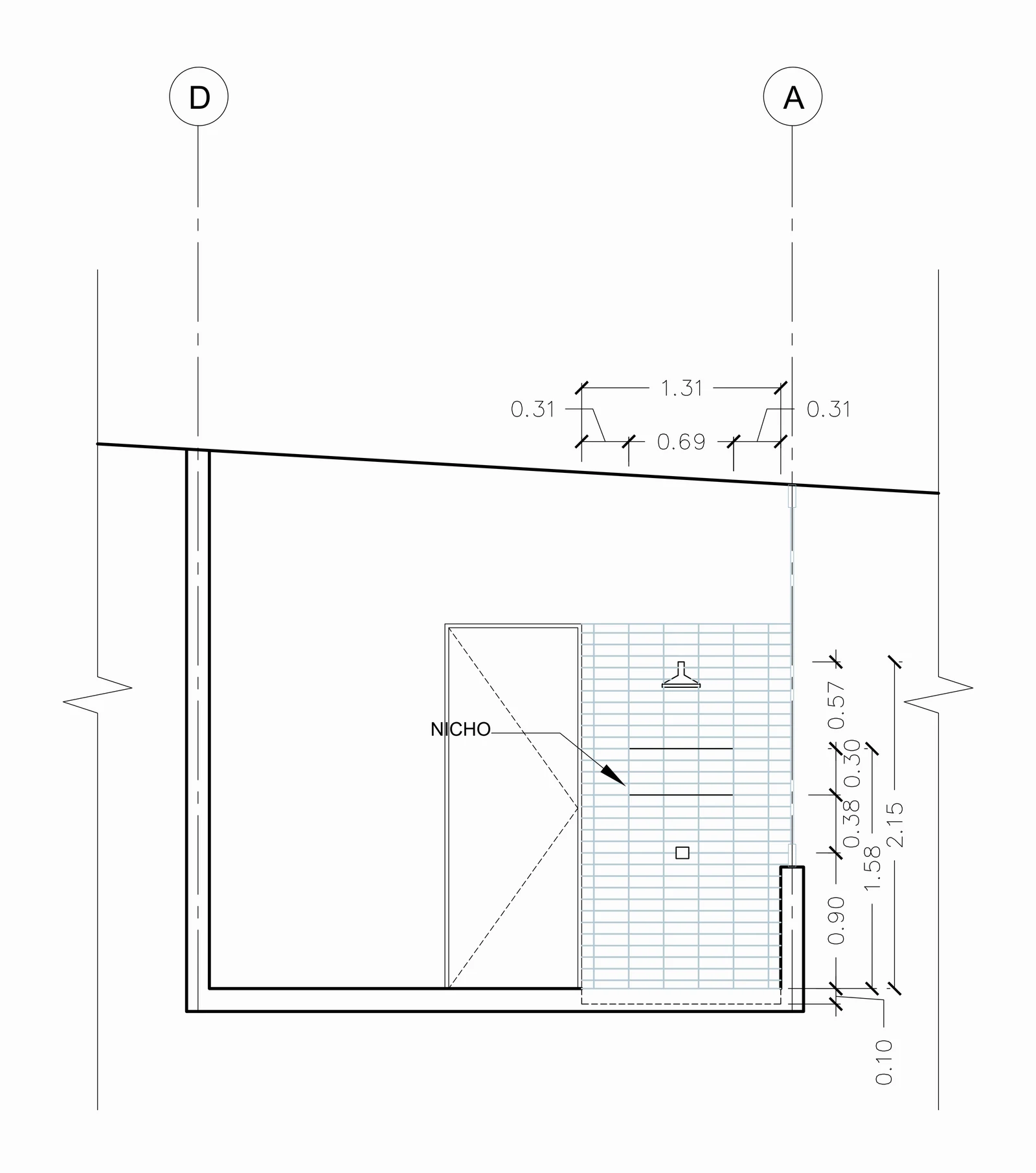 Interior elevation of the bathroom between axes D and A: the shower wall tiled to 2.15 m, with the niche and the shower head