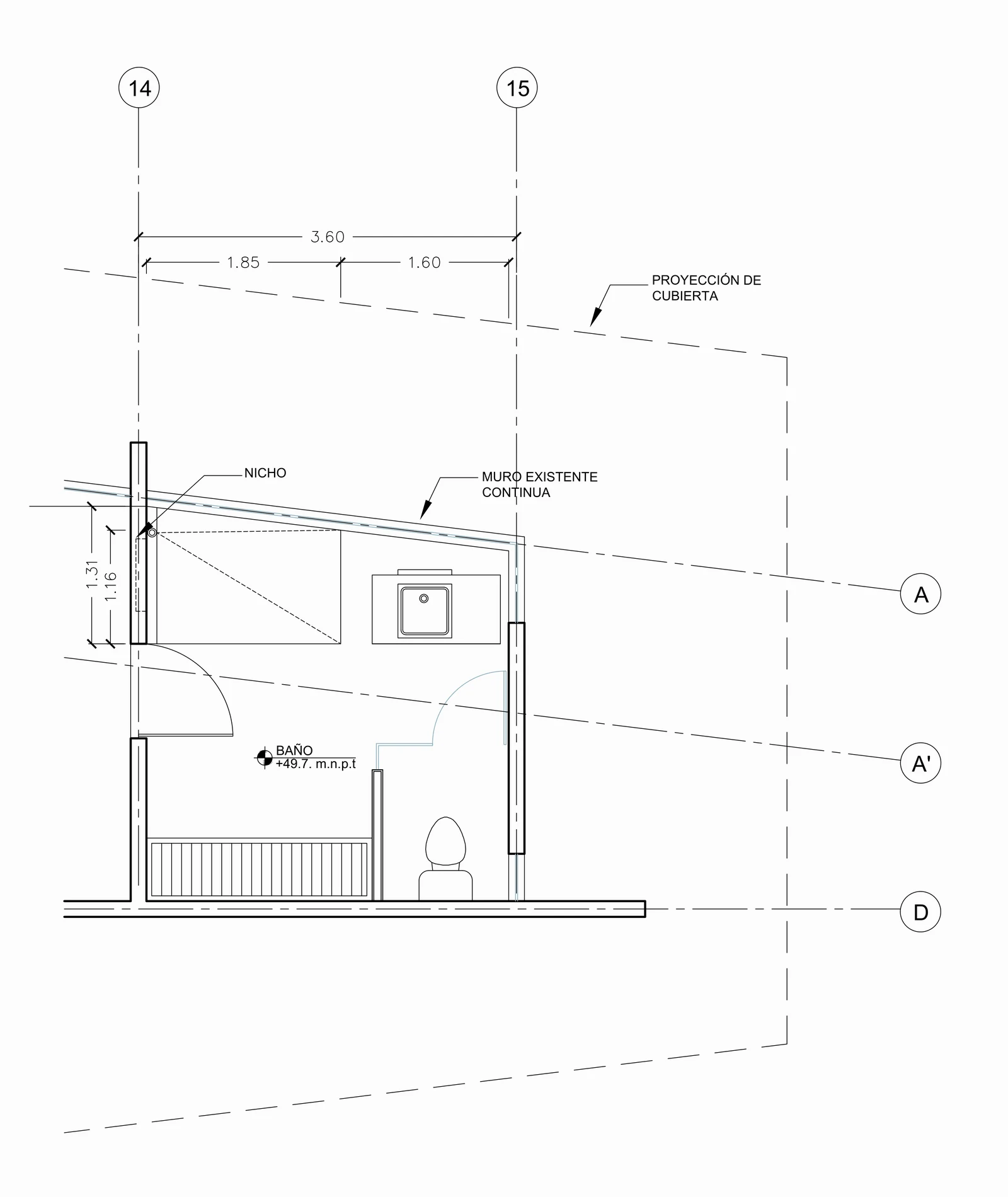 Plan of the bathroom: the shower with a niche, the washbasin and the toilet, under the projection of the roof