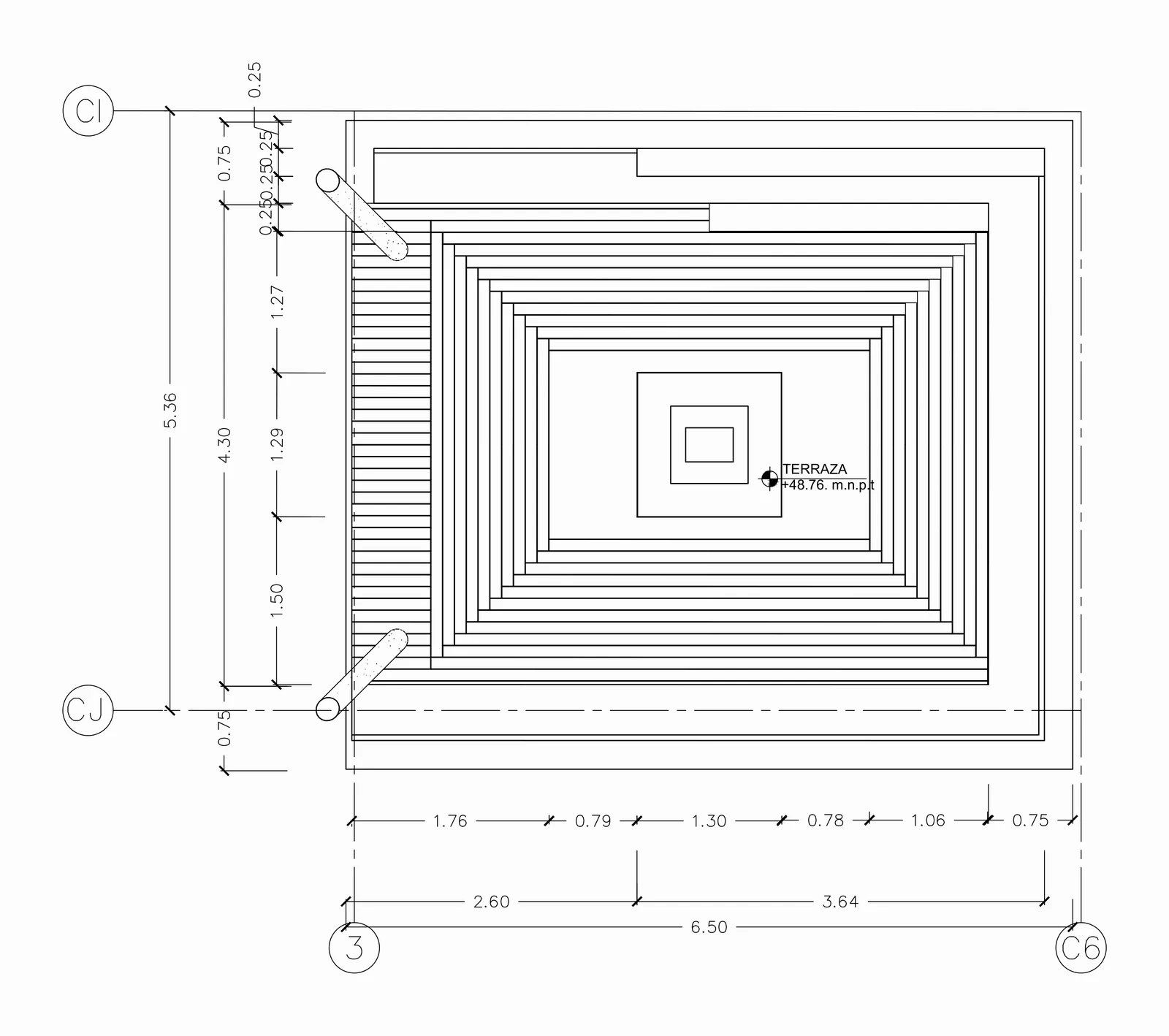 Plan of the sunken terrace: rings of built-in seating stepping down to a square fire pit, with deck boards along one side, dimensioned in metres