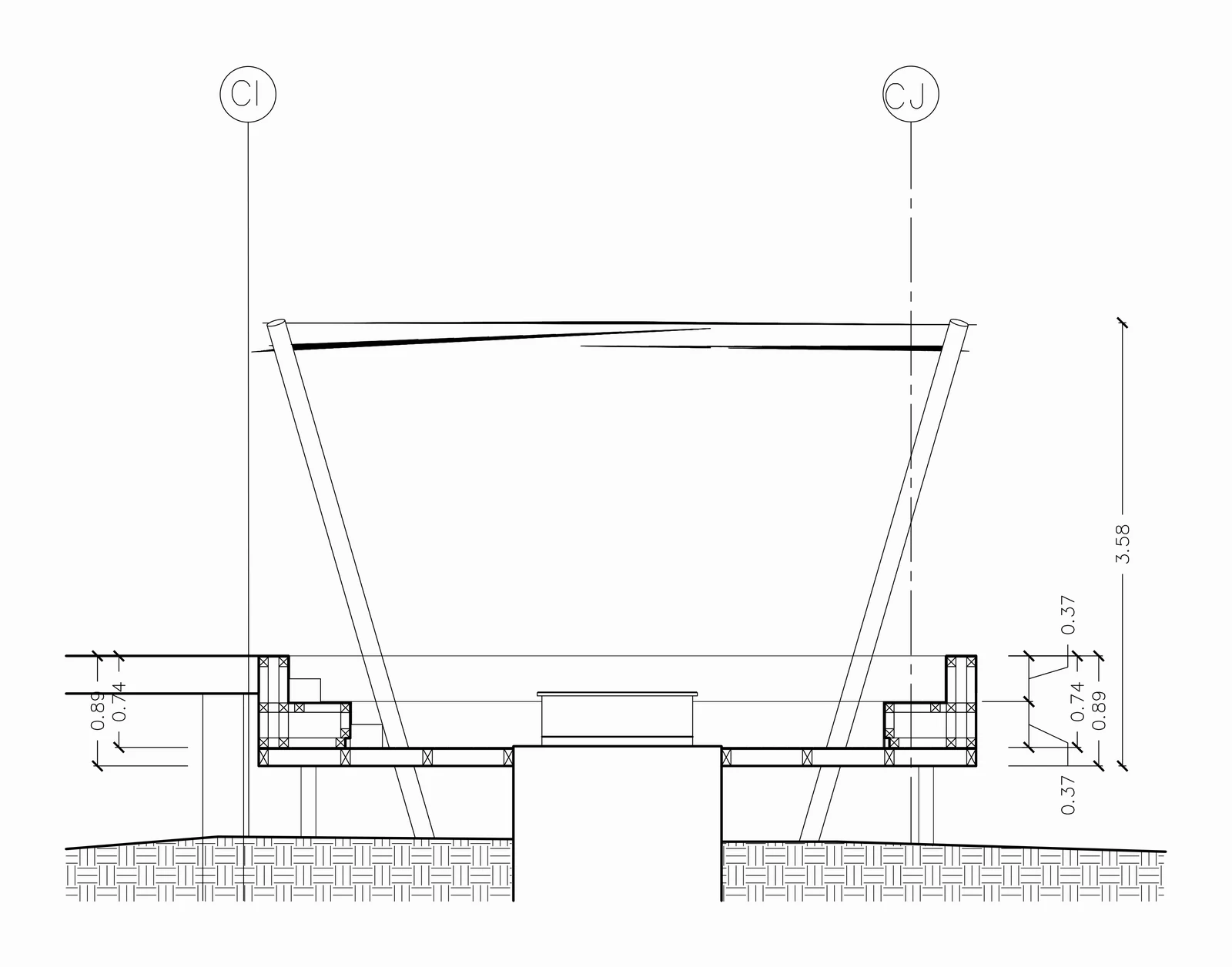 Section through the sunken terrace: the seats step down on both sides to the fire pit, under a canopy on two raked posts 3.58 m high