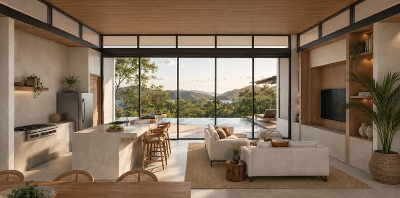 Open kitchen and living room facing a green valley through full-height glass