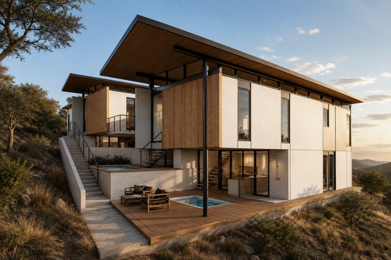 Stepped two-storey house on a dry hillside with a plunge pool and deck