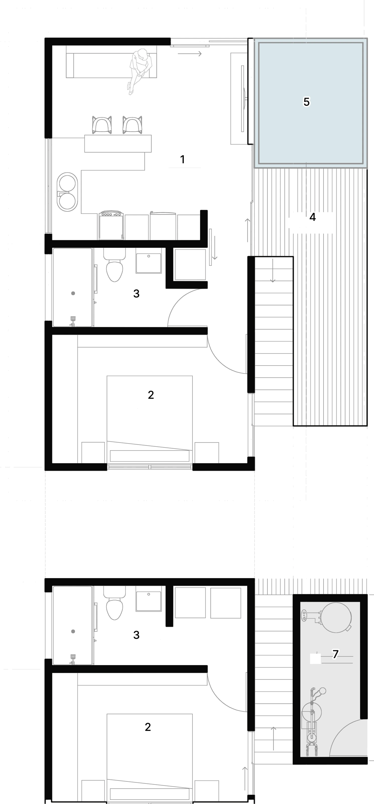 Plans of house A on two levels: the living area, bathroom and bedroom on the upper level with the pool and terrace beside them, and a bedroom, bathroom and machine room below