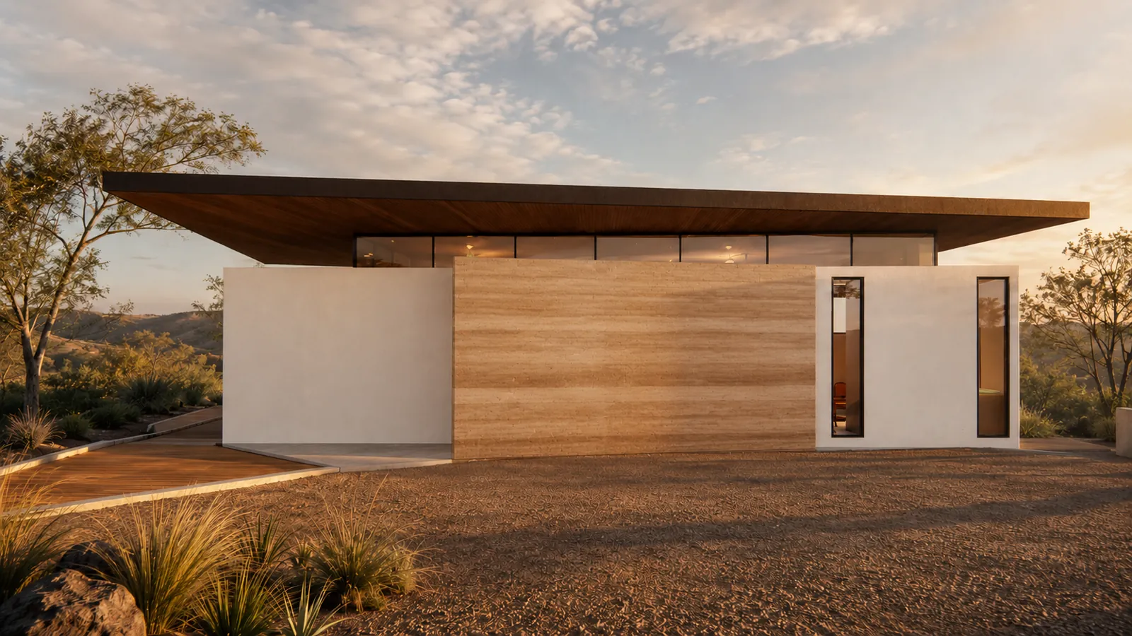 Low white house with a timber-clad wall under a wide roof