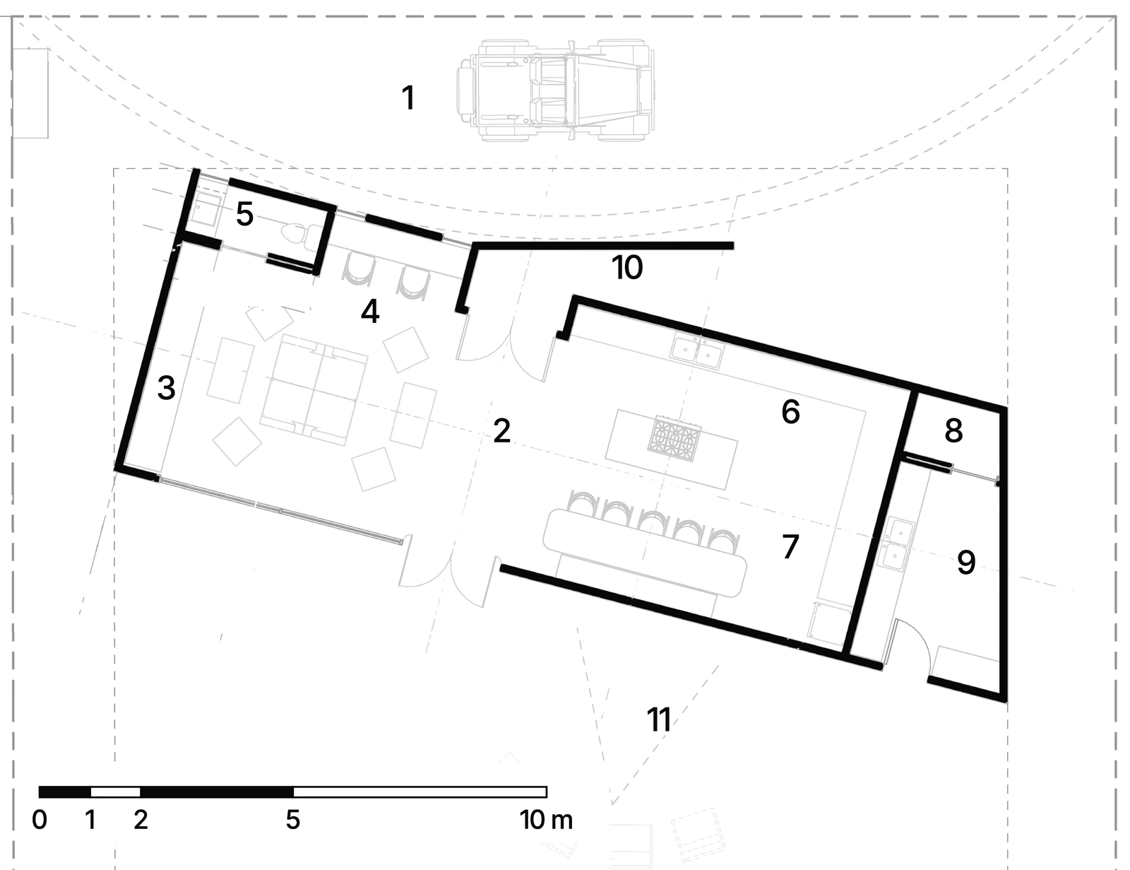 Floor plan of the Welcome House, numbered: the living room and home office on one side of the entrance passage, the kitchen and dining on the other, with storage, laundry and a porous wall facing the drop-off