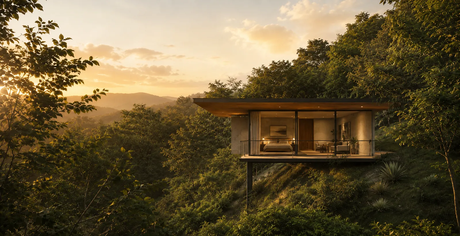 Timber cabin cantilevered over a forested hillside at sunset