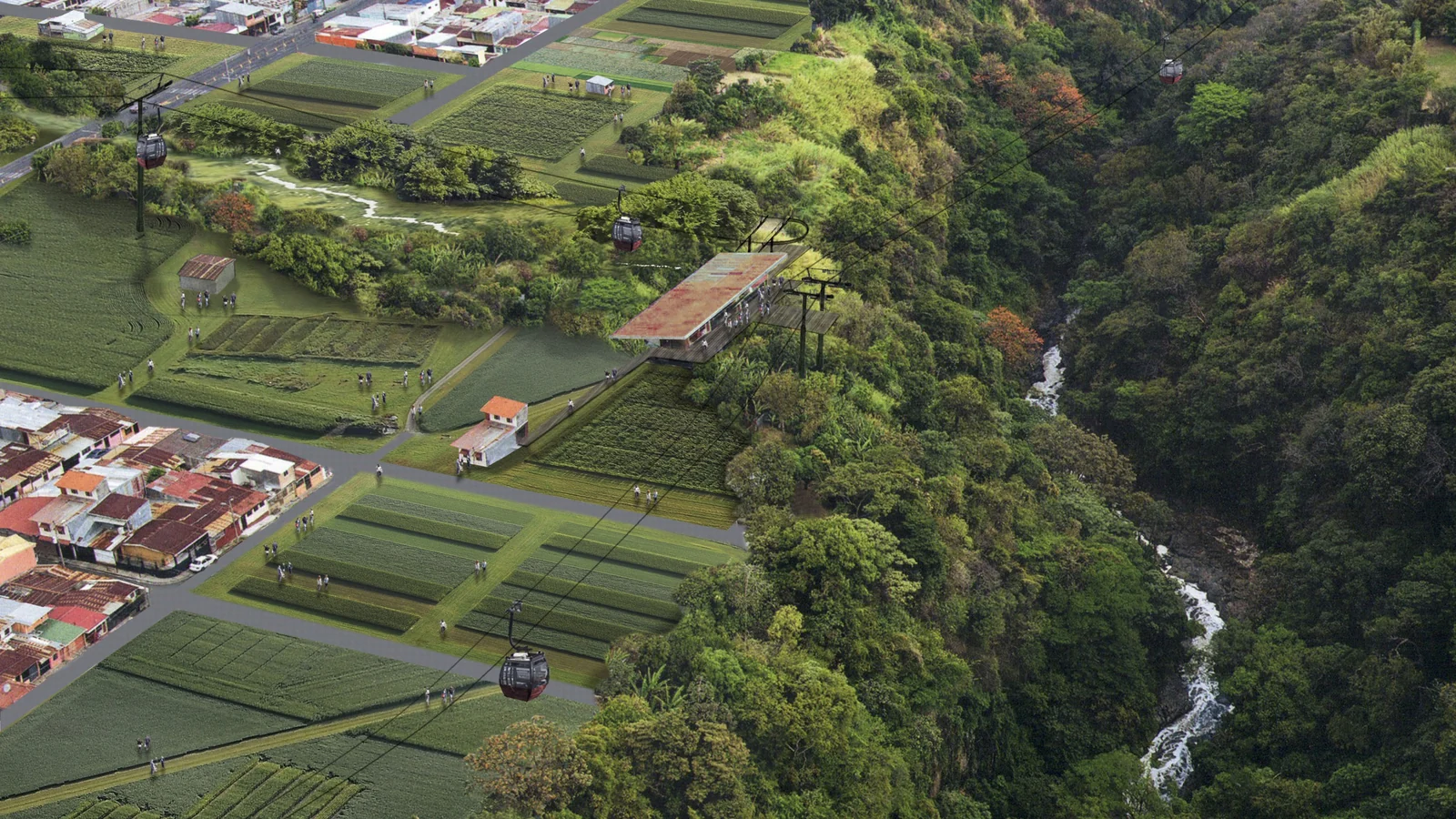 Aerial view of the proposal: crop terraces and a cable car station on the edge of a forested river canyon beside the city