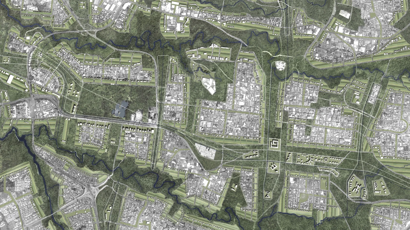 Plan of San José crossed by green corridors along its rivers, with planted strips between the blocks